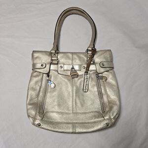 B. Makowsky Metallic Gold Genuine Leather Purse Shoulder Bag Multi-Pocket